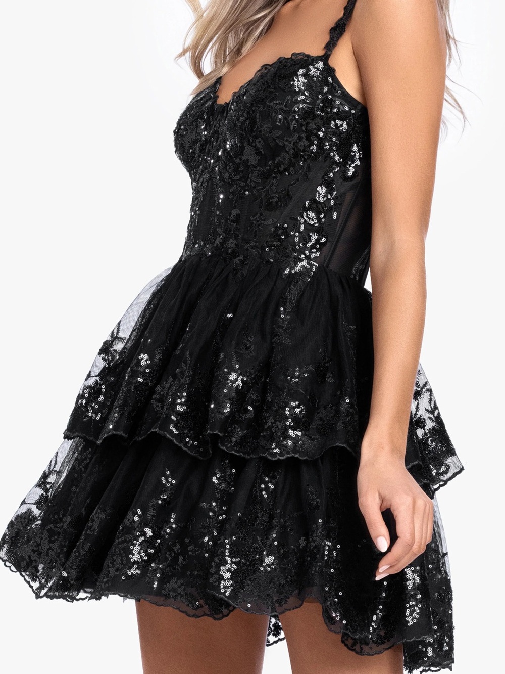 Source Unknown Black Sequin Tiered Mini Dress